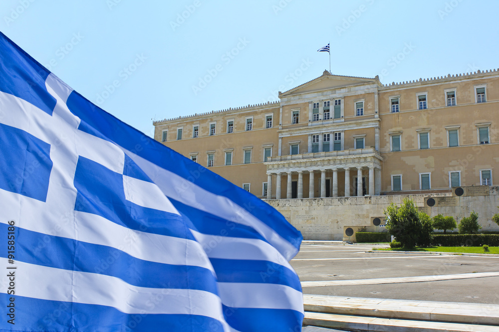 Greek Parliament with flag of Greece - obrazy, fototapety, plakaty 