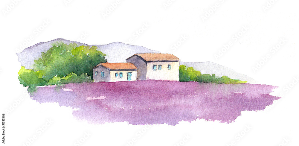 Lavender field and rural house in Provence, France. Watercolor - obrazy, fototapety, plakaty 
