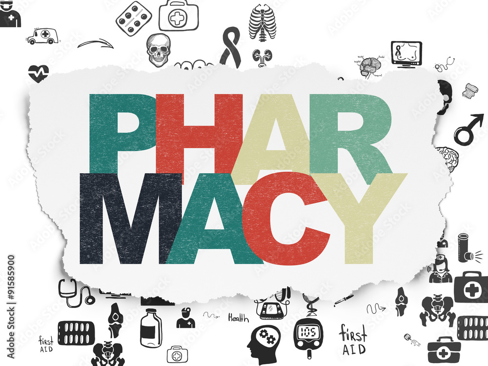 Health concept: Pharmacy on Torn Paper background
