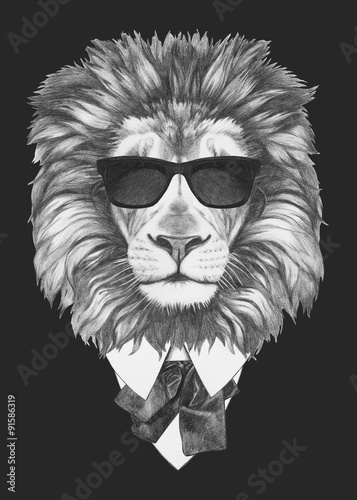 Portrait of Lion in suit. Hand drawn illustration.