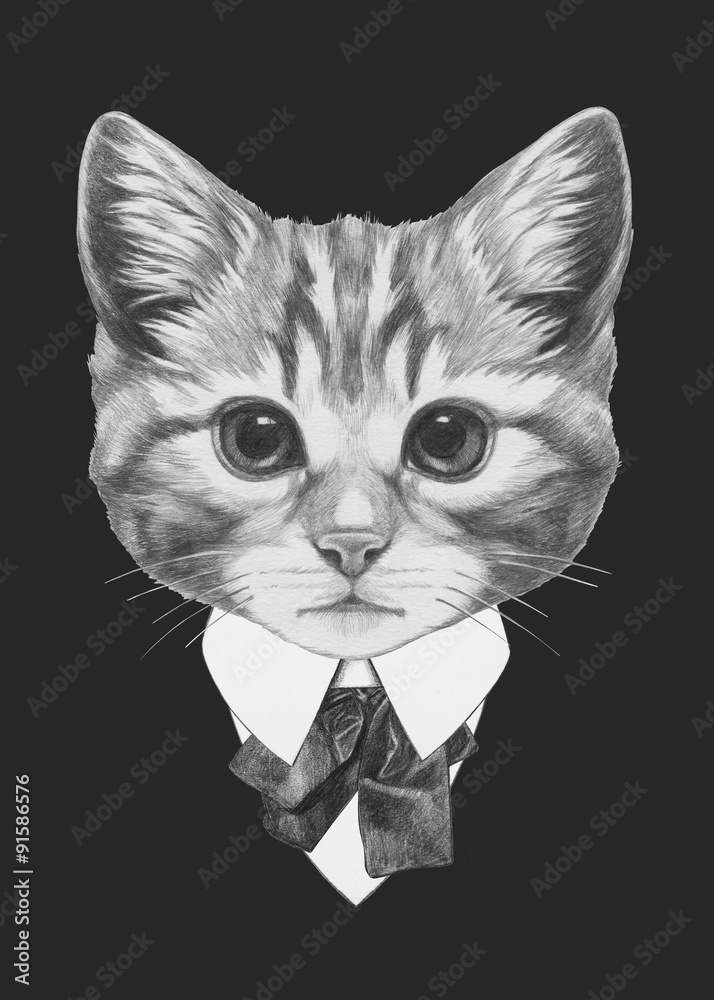 Portrait of Cat in suit. Hand drawn illustration. Stock Illustration