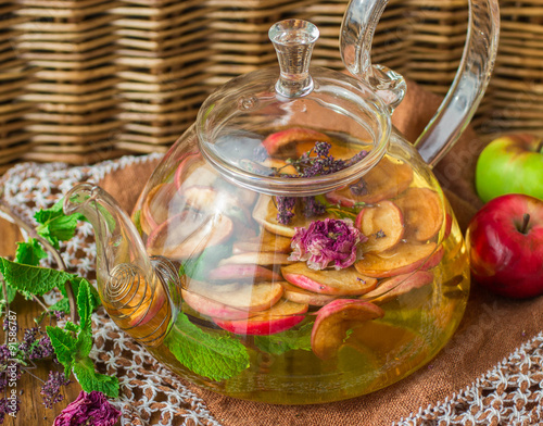 Herbal tea with apples, oregano, mint and rose