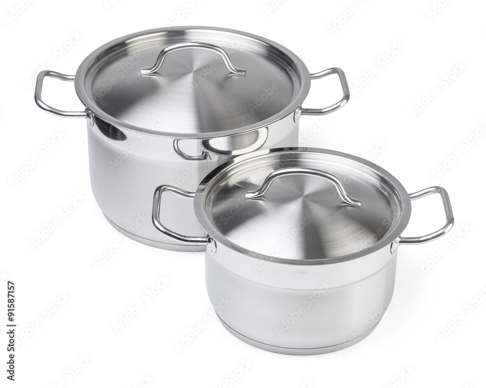 Two stainless steel pots. Stock Photo | Adobe Stock
