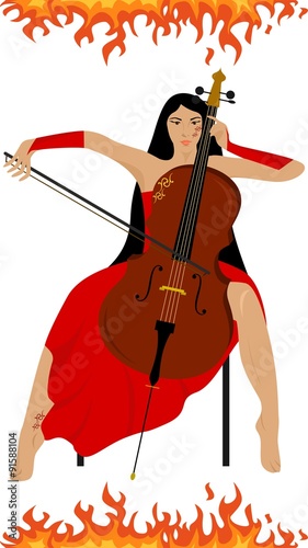 illustration of a beautiful girl who plays the cello.