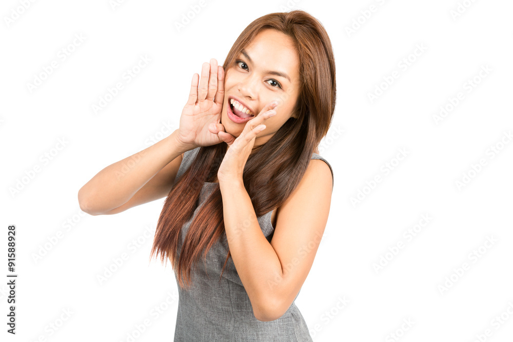 Profile Asian Girl Announcing Cupping Mouth Half Profile Asian Girl Announcing Cupping Mouth Half