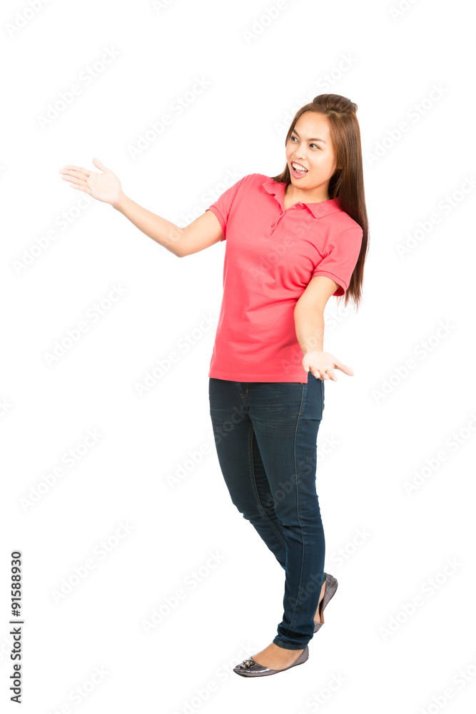 Showing Presenting Something Asian Woman Full Showing Presenting Something Asian Woman Full