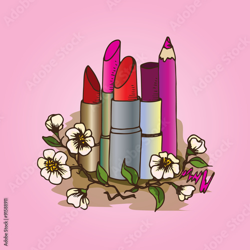 Illustration of cosmetics. Pencils and lipsticks for make-up.