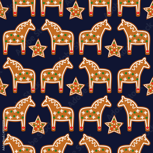 Seamless pattern with Christmas gingerbread cookies - xmas star and horse. Winter holiday vector design xmas background.