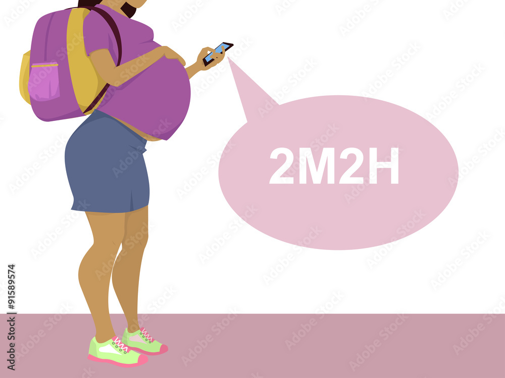Pregnant teenage girl with a backpack texting 2M2H on her smartphone