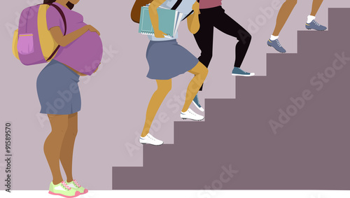 Teenage pregnant girl with a backpack standing at the bottom of stairs, other schoolchildren going up, vector illustration, EPS 8