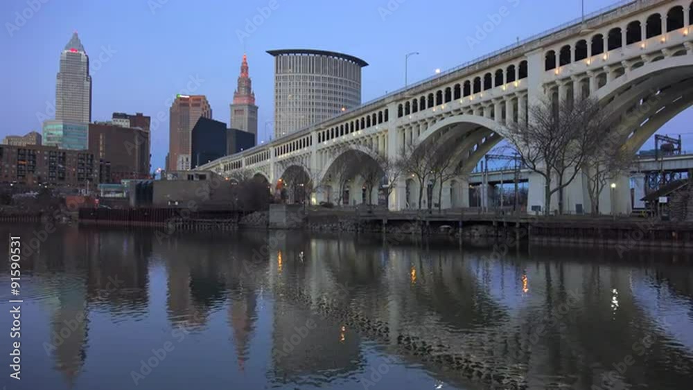 Evening shot of Cleveland, Ohio with bridge foreground. Evening shot of Cleveland, Ohio with bridge foreground.