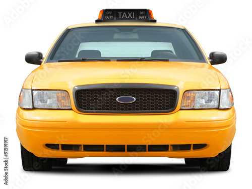 Yellow taxi car front view isolated on white background.