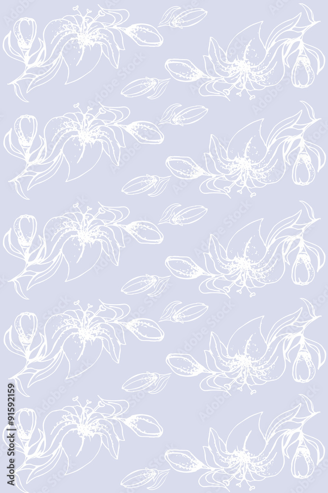 Illustration. Lilies on a blue background. Seamless pattern.