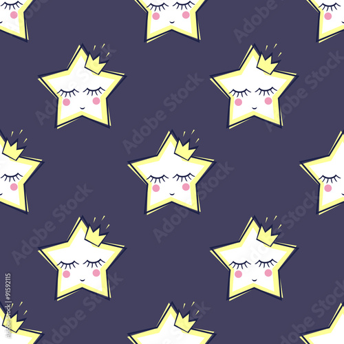 Seamless pattern with sleeping stars for kids. Cute baby shower vector background. Night sky vector illustration.