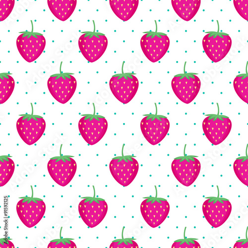 Cute vector strawberry pattern. Seamless background with pink strawberries. Summer fruit illustration on white polka dots background.