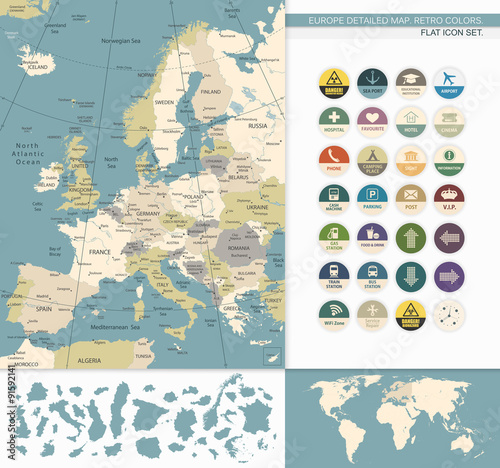 Fototapeta Naklejka Na Ścianę i Meble -  Europe detailed map.Retro Colors