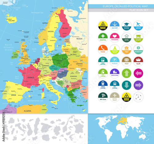 Wallpaper Mural Europe detailed political map.Flat icon set Torontodigital.ca