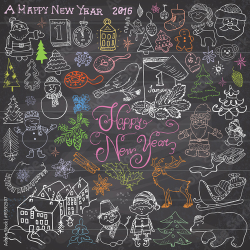 Hand drawn Sketch design of happy new year 2016 Doodles with Lettering set, with christmas trees snowflakes, snowman, elfs, deer, santa claus and festive elements,  Vector Illustration on chalkboard