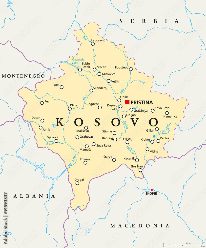 Kosovo political map with capital Pristina, national borders, important cities, rivers and lakes. English labeling and scaling. Illustration.