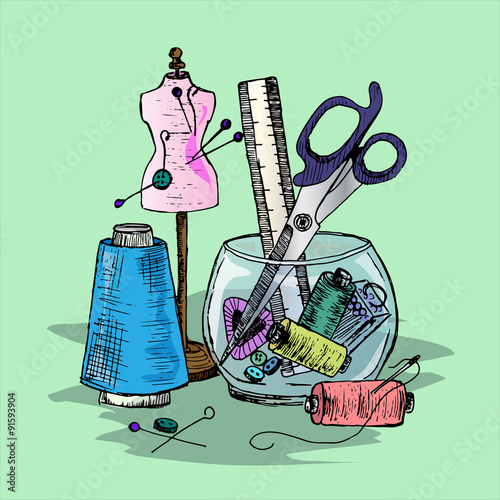 Illustration of Sewing accessories on the desktop