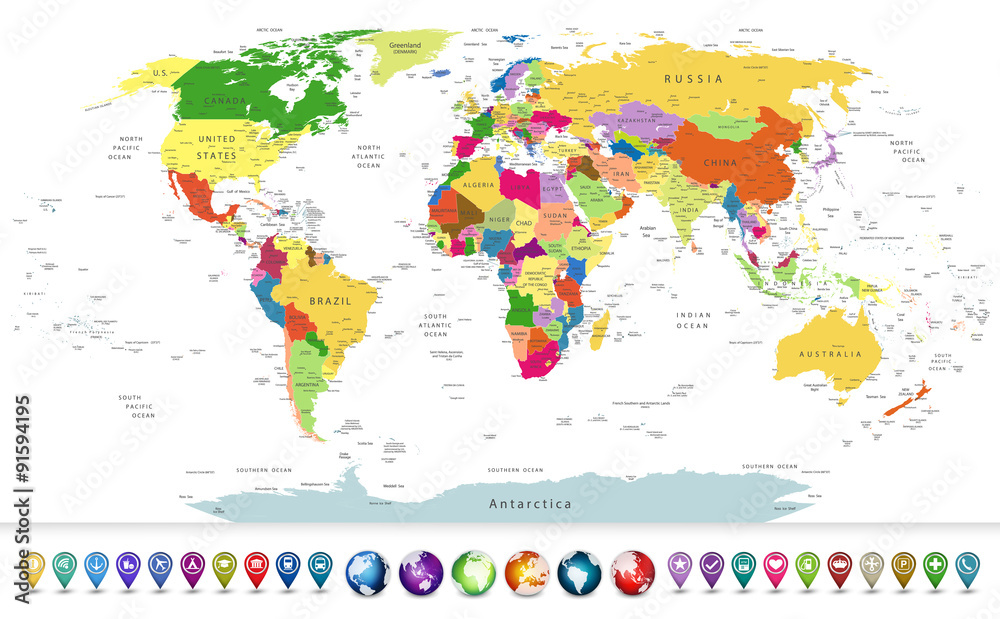 Naklejka Bardzo szczegółowa mapa świata politycznego z błyszczącym zestawem nawigacyjnym