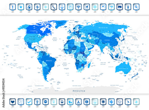 Blue World Map with navigation icons