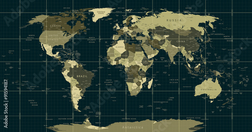 Obraz Szczegółowa mapa świata w kolorach kamuflażu z kwadratową siatką