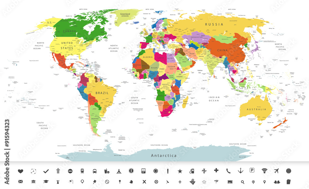 Fototapeta premium Polityczna mapa świata z ikonami nawigacji