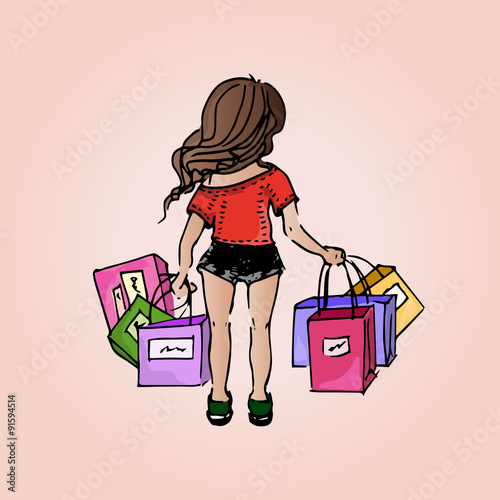 Illustration beautiful girl. Shopping. Purchases. Girl-student o