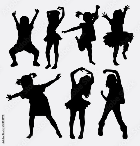 Kid, little girl dancing silhouettes. Good use for symbol, web icons, logo, or any design you want. 