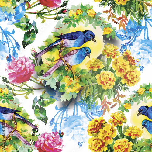 Wallpaper Mural Watercolor Wild exotic birds on flowers seamless pattern on Torontodigital.ca