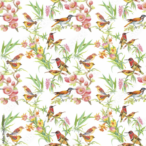 Watercolor Wild exotic birds on flowers seamless pattern on © kostanproff