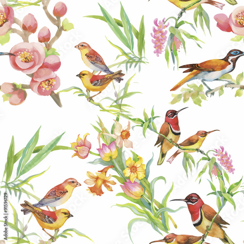 Wallpaper Mural Watercolor Wild exotic birds on flowers seamless pattern on Torontodigital.ca