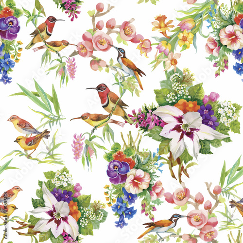 Watercolor Wild exotic birds on flowers seamless pattern on
