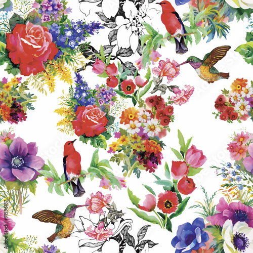 Watercolor Wild exotic birds on flowers seamless pattern on