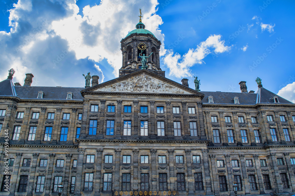 The Royal Palace of Amsterdam on a sunny day. The former Amsterdam town hall, now one of the three palaces in the Netherlands, which are at the disposal of the monarch.