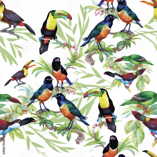 Watercolor Wild exotic birds on flowers seamless pattern on