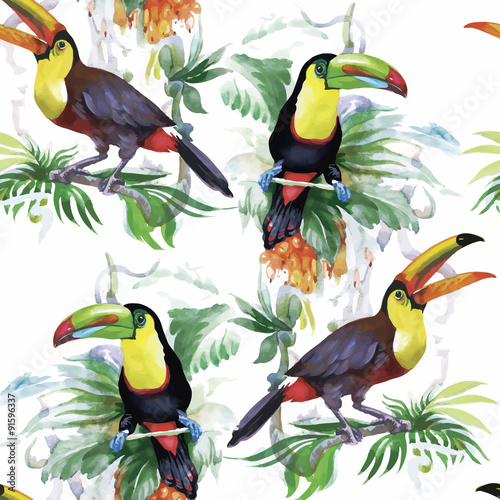Watercolor Wild exotic birds on flowers seamless pattern on