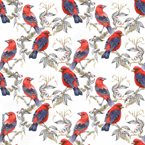 Watercolor Wild exotic birds on flowers seamless pattern on