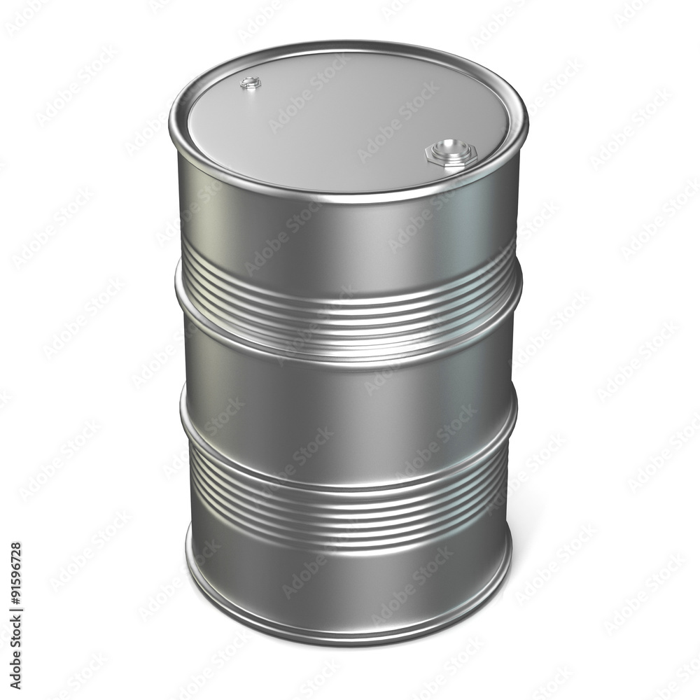 Silver oil barrel. 3D render illustration isolated on a white background Silver oil barrel. 3D render illustration isolated on a white background