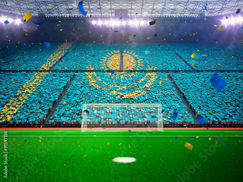 Flag Kazakhstan of fans. Evening stadium arena Blue © Anna Stakhiv