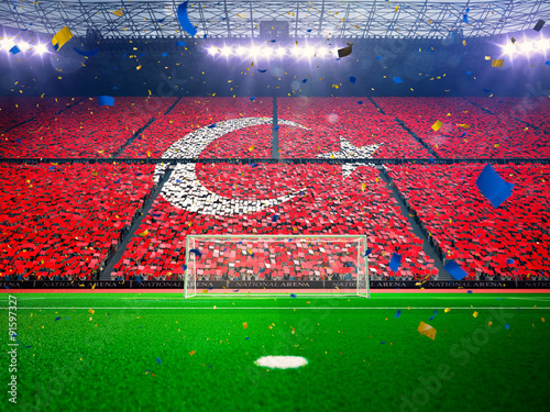 Flag Turkey of fans. Evening stadium arena Blue © Anna Stakhiv