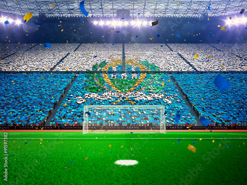 Flag San Marino of fans. Evening stadium arena Blue © Anna Stakhiv