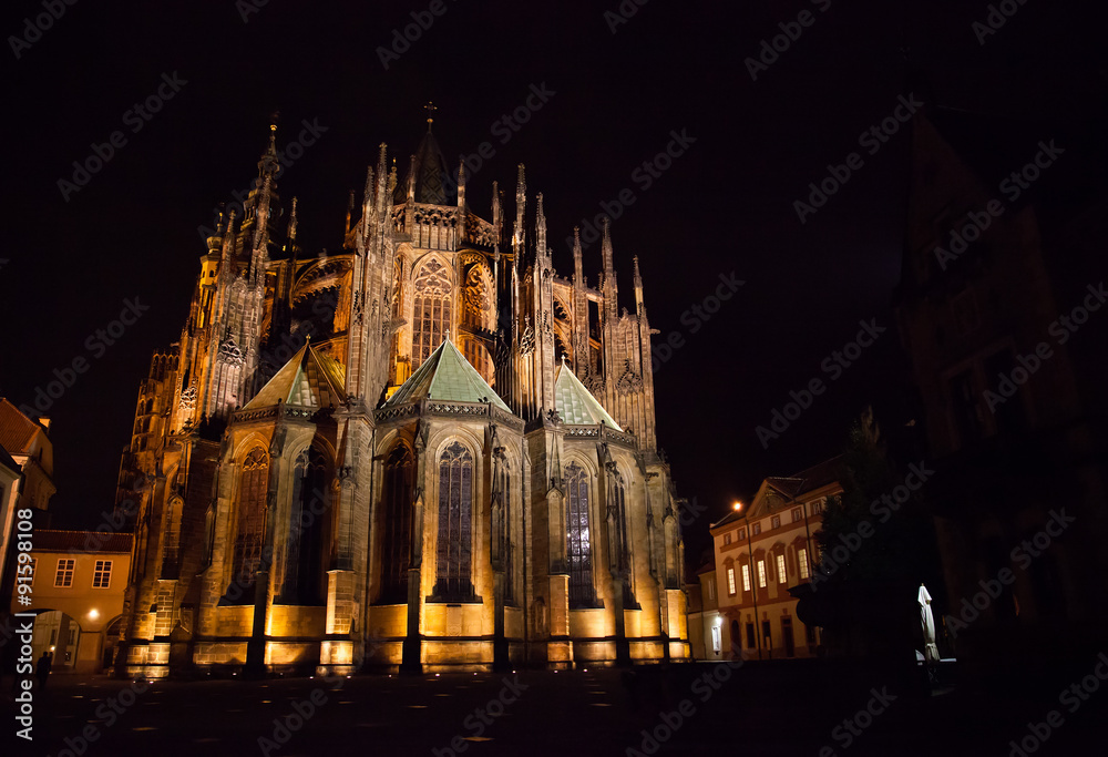 Rear View of St Vitus Cathedral, Prague Castle at Night