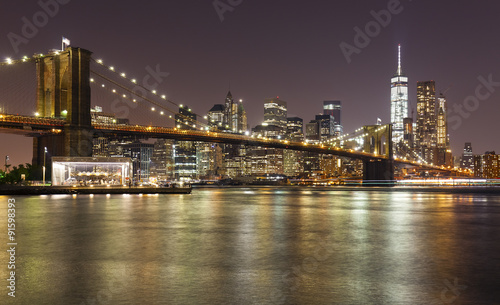 Brooklyn bridge and Manhattan at night  New York City  USA.