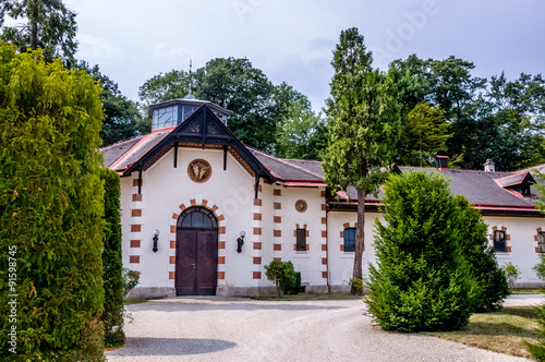 Horse stables in the courtyard of the Hermesvilla - a palace in the public park Lainzer Tiergarten, Vienna, a former hunting area for the Habsburg nobility, Vienna, Austria.