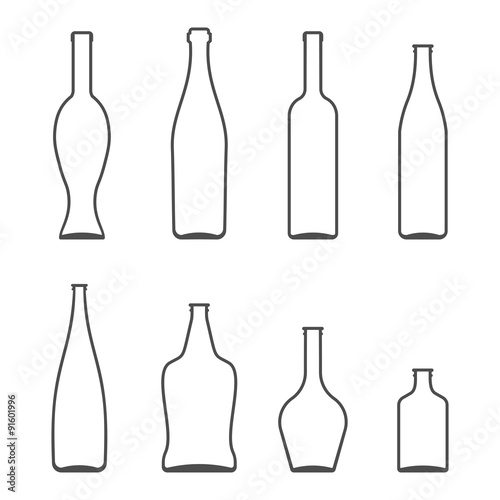 Set of Glass Bottles vector icons. Wine, beer, whiskey, liqueur, champagne and other Bottles silhouette or symbol