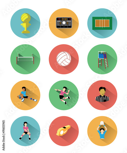 Modern flat volleyball icons set with long shadow effect