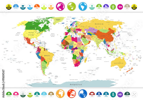 Political World Map with flat icons and globes