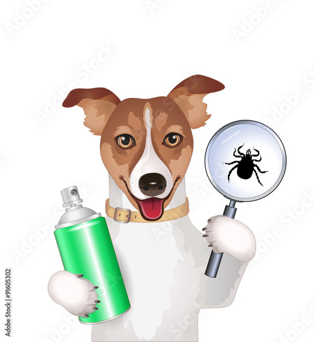 Dog with a magnifying glass, tick and spray Vector illustration isolated on white background 